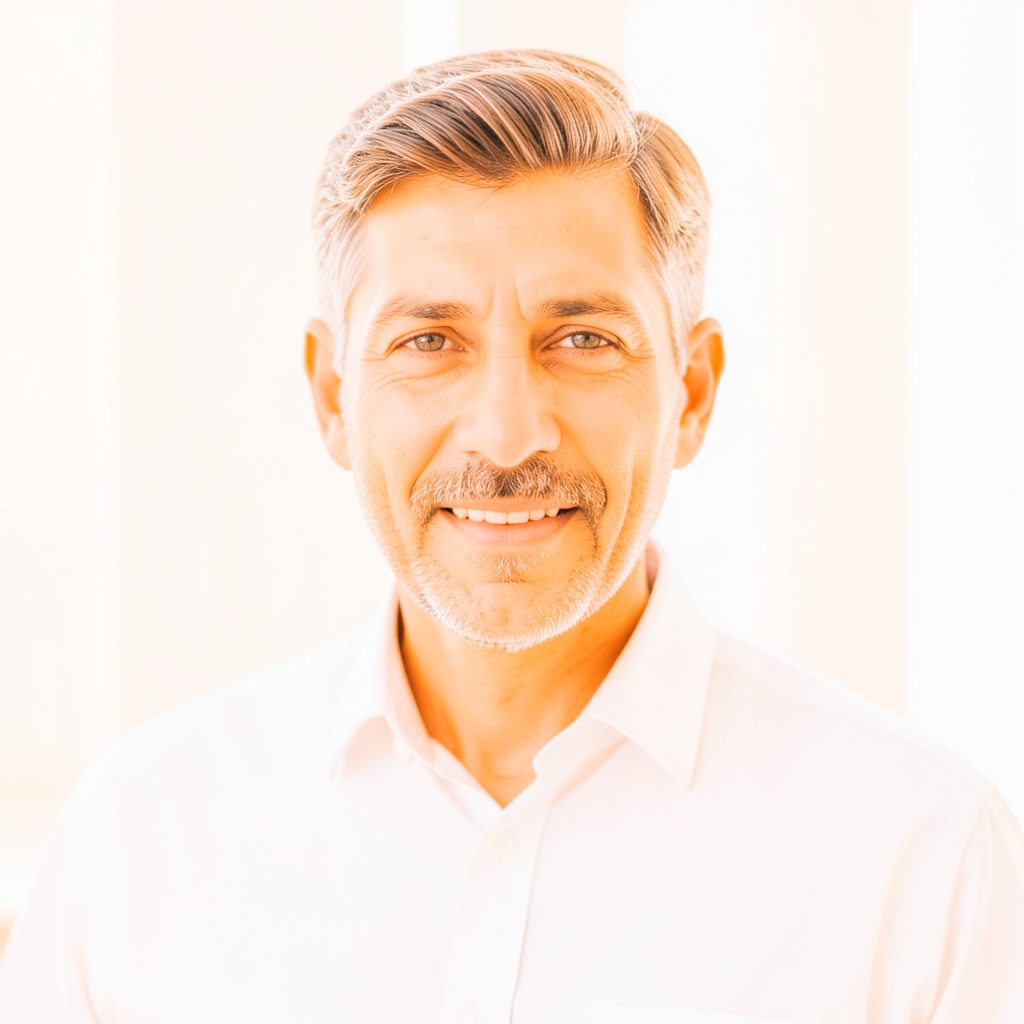 Portrait-style headshot of a speaker in formal professional attire