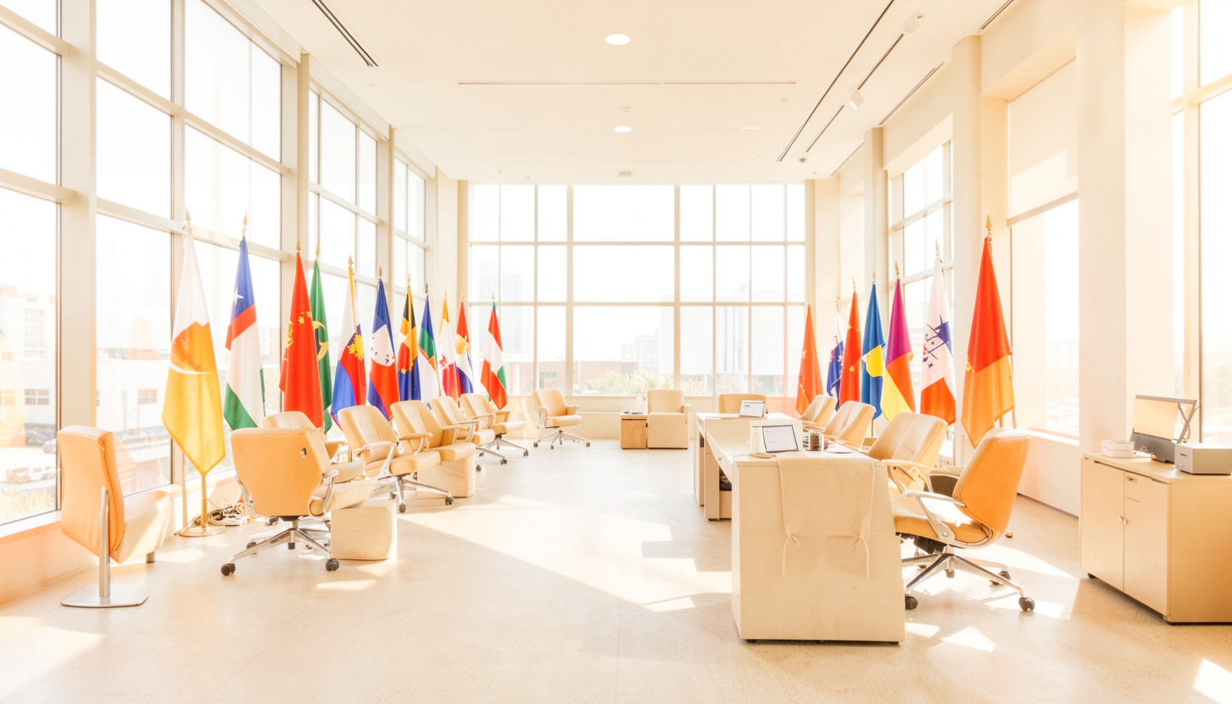 Wide-angle photograph of a modern conference hall with international flags, bright natural light streaming through large windows, warm neutral tones