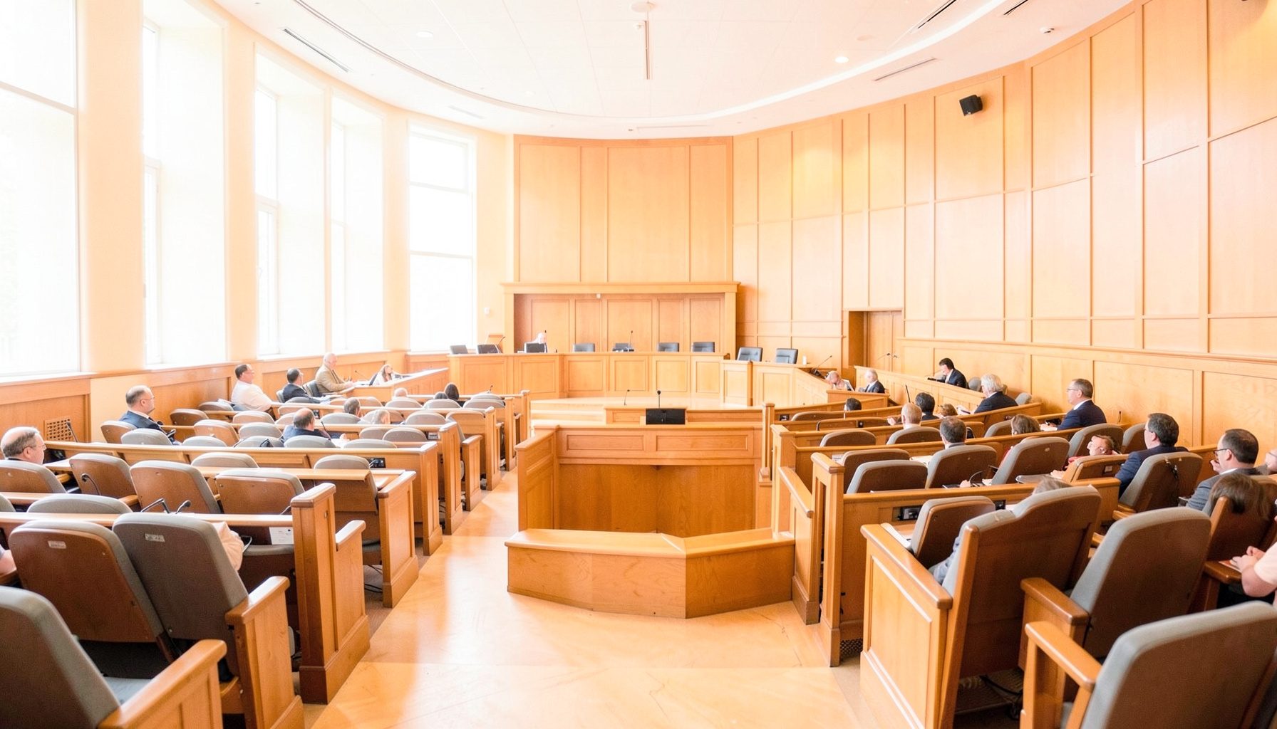 Wide-angle view of a municipal council chamber with rows of seats and a raised dais, warm wood tones and soft daylight from tall windows